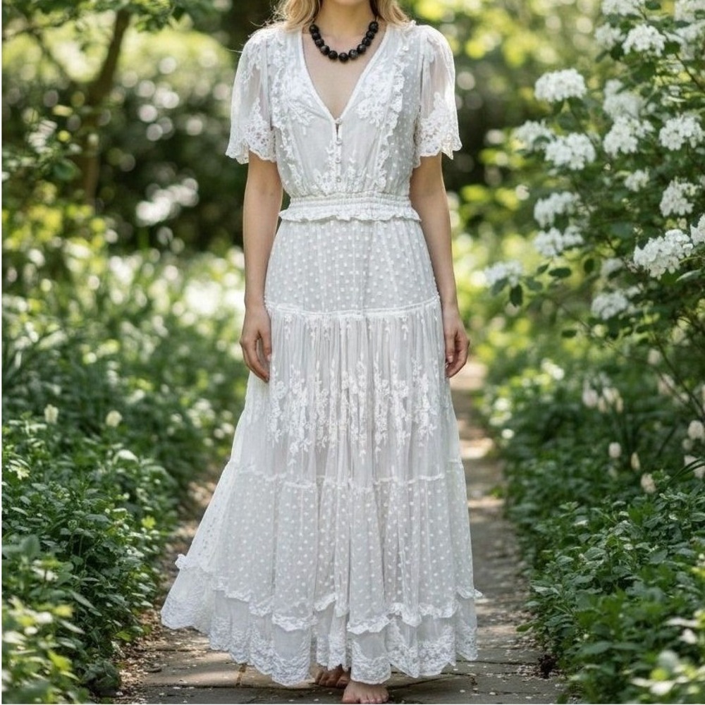 Spell & The Gypsy Collective Dress XS Cream Swiss Dot Floral Embroidered 3955